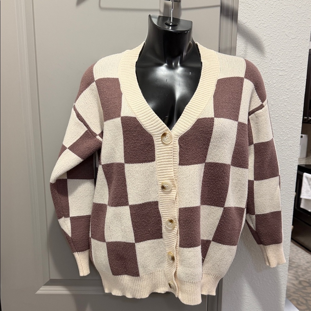 Talulah Madi Nelson brown cream check oversized cardigan sweater S M